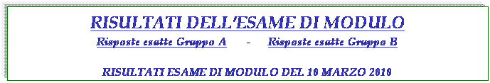 Casella di testo: RISULTATI DELLESAME DI MODULO
Risposte esatte Gruppo A       -      Risposte esatte Gruppo B

RISULTATI ESAME DI MODULO DEL 10 MARZO 2010
